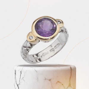 Yellow Gold Bezel Set Amethyst Sterling Traversa Ring with Diamond Accents